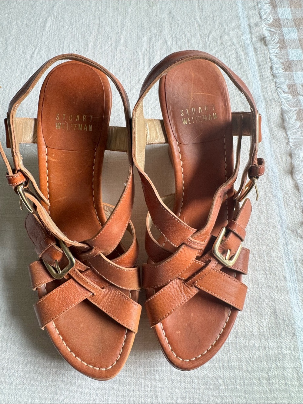 Stuart Weitzman Tan Brown Leather Buckle Strappy Heels